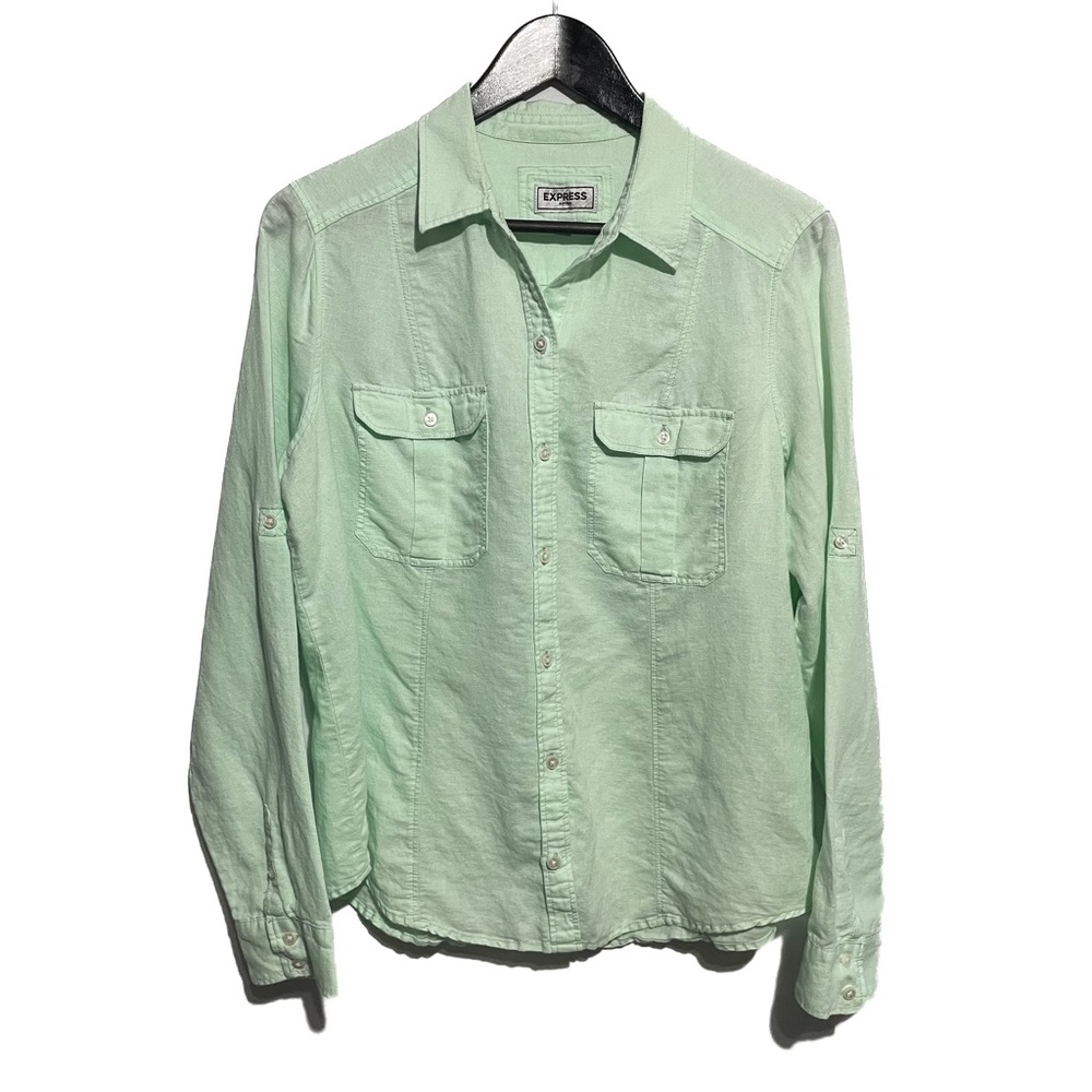 Express Fitted Button Up Collared Shirt Green Linen Blend Long Sleeve Women’s L